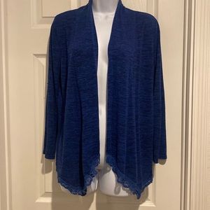 blue/black long sleeved duster cardigan with lace bottom front
